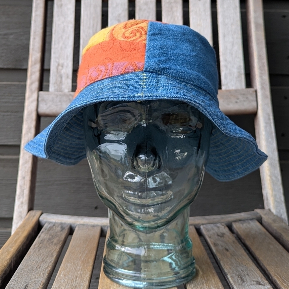 Handmade Patchwork Tapestry Denim Bucket Hat Unisex Blue Orange Pink Yellow - Picture 7 of 7